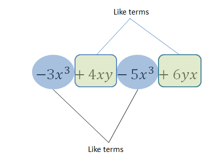  3x cubed and 5 x cubed are like terms and 4 x y and 6 y x are like terms