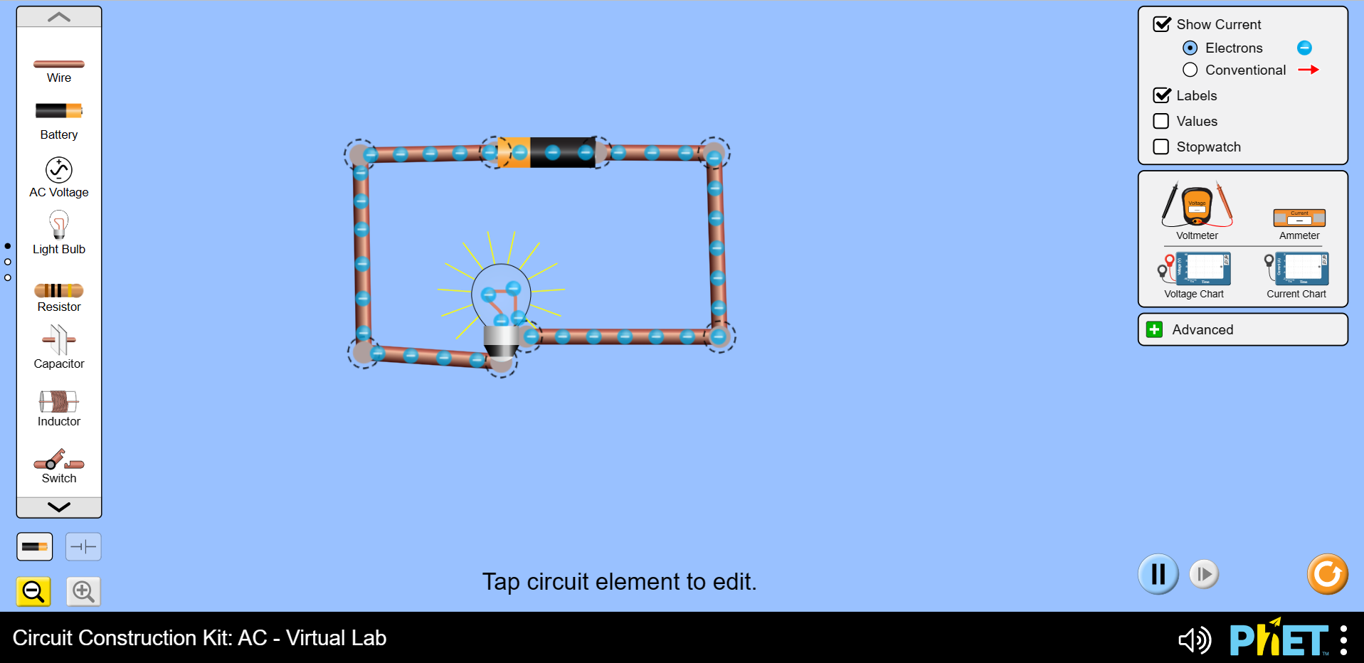 Screenshot of Phet simulation of a simple circuit