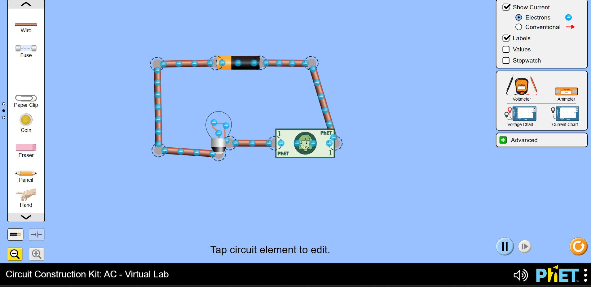 Phet screenshot of an insulator in the circuit.